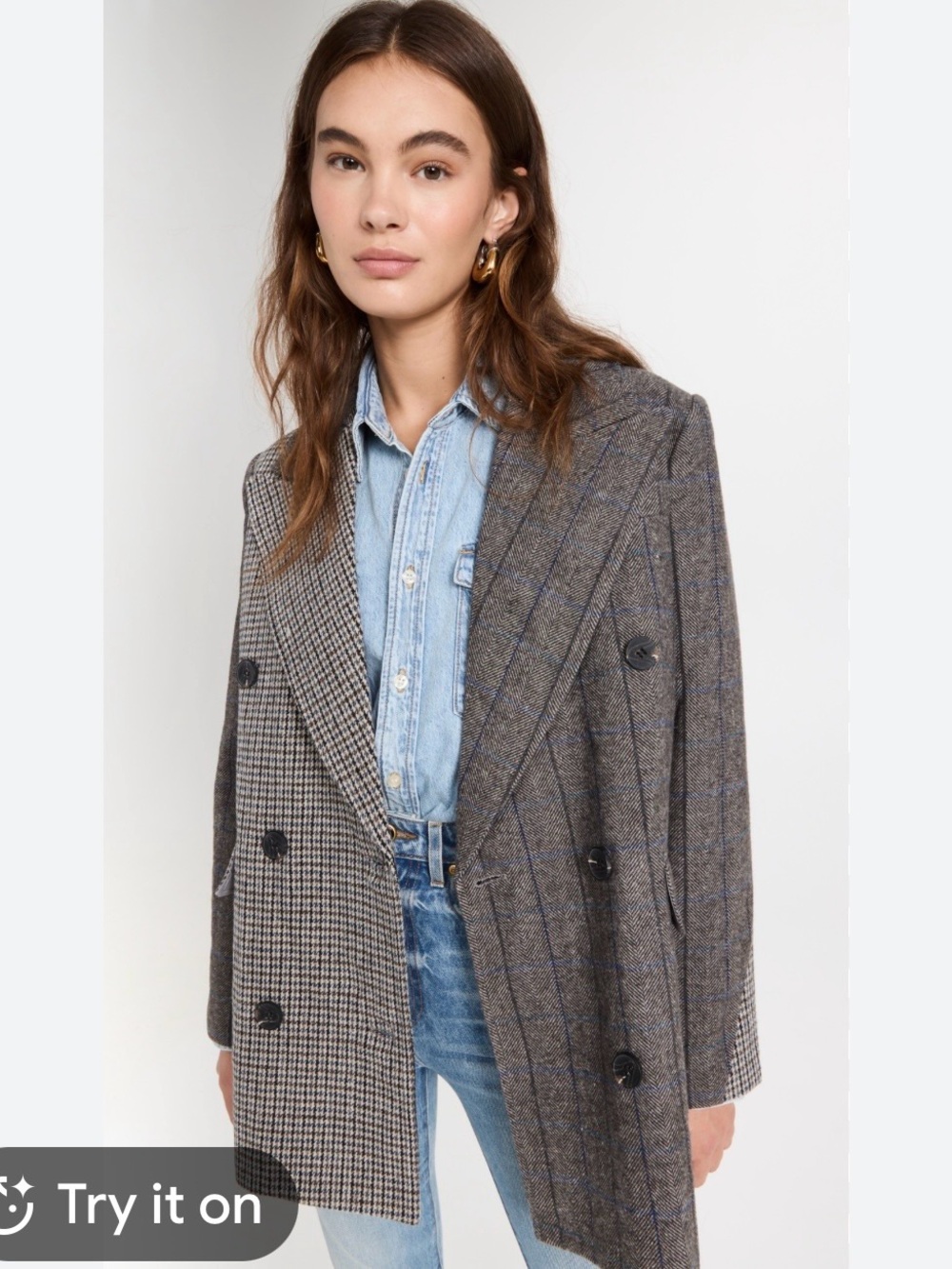Anthro Avec Les filles Double-Breasted Mixed-Check Blazer Coat - Gray/brown